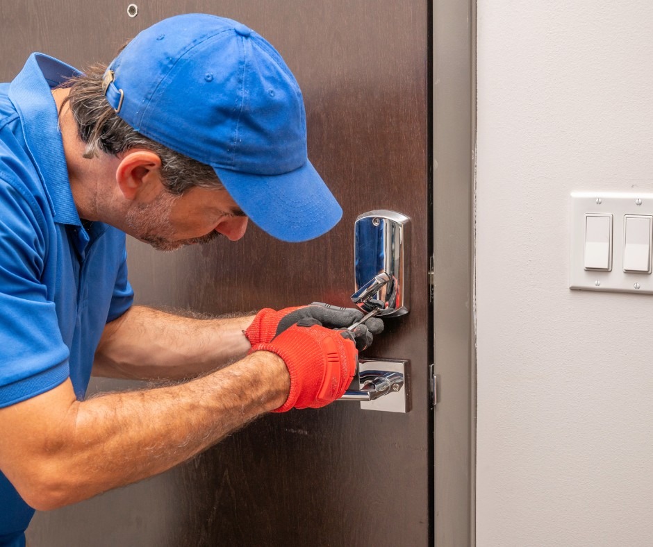 An emergency locksmith quickly picking the lock on the front door of a home to gain entry.