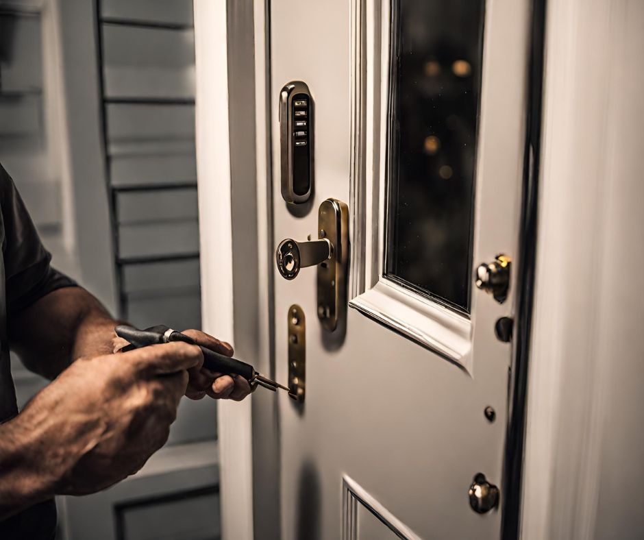 An emergency locksmith technician picking the lock on a front door to gain entry during an after hours lockout.