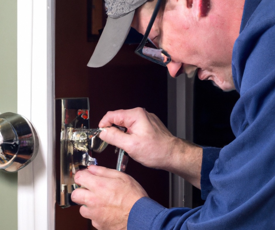 A uniformed locksmith working on a residential door lock installation.