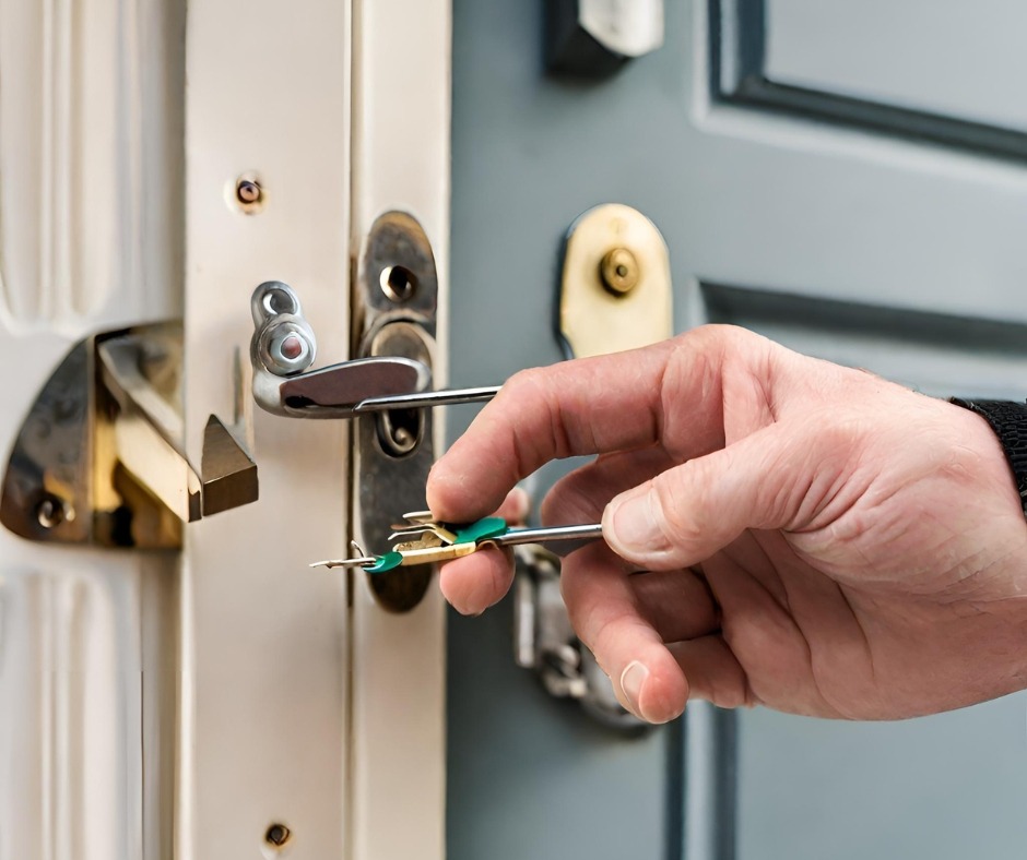 Close up of locksmith's hands rekeying a front door lock with lockpicking tools