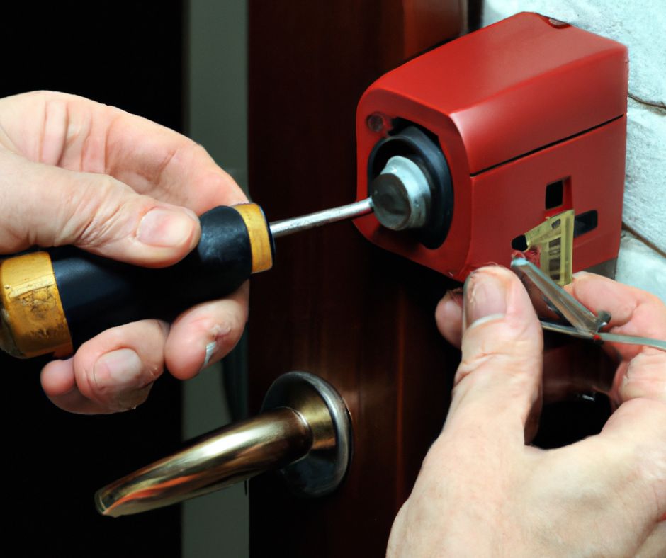 A locksmith uses precision tools to install an electronic high-security lock in a door.