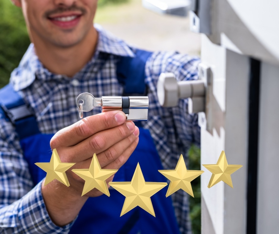 Uniformed locksmith installing a commercial door lock to a high standard