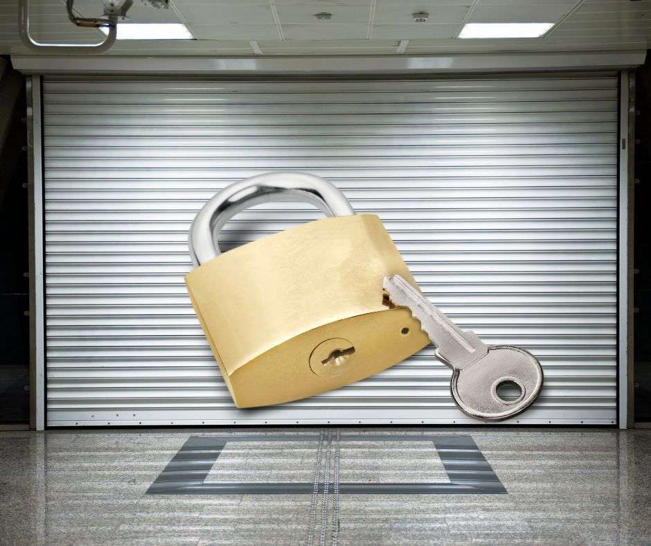 1Padlock securing a shop's curtain with business security tips from a Locksmith in Crawley