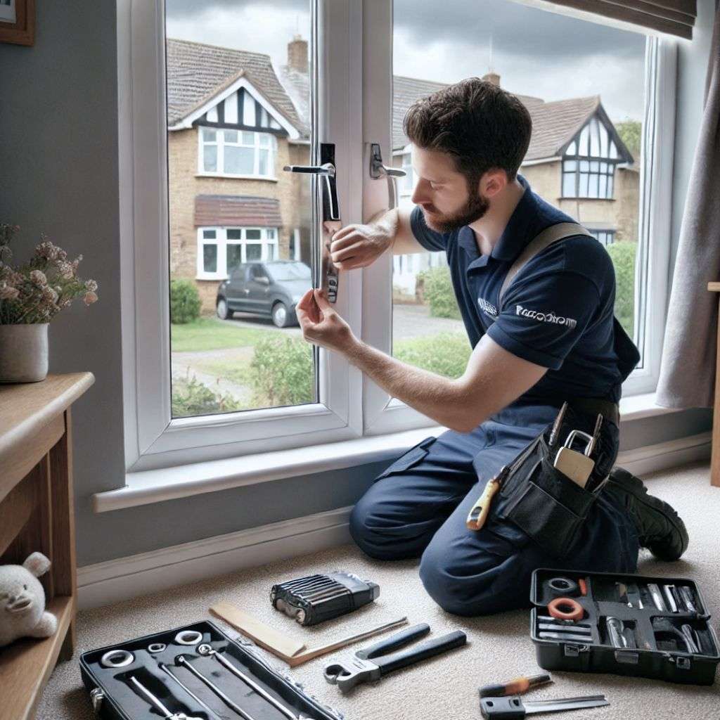 A locksmith in Crawley installing a secure lock on a home's front door to enhance child safety.